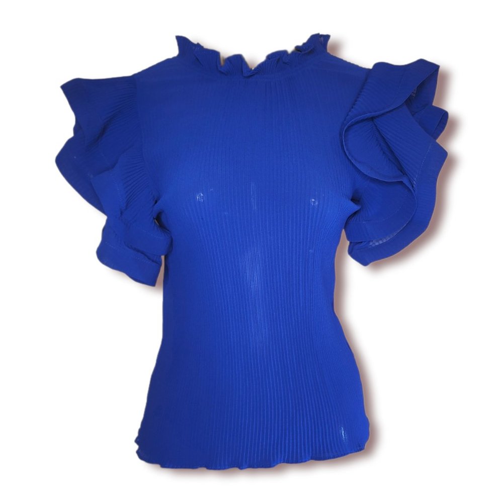 Love Song Women's Blue Flared Short Sleeve Pullover Blouse Top - Size Medium
